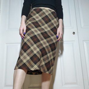 Vintage 1990's brown tan & beige plaid midi skirt - dark academia